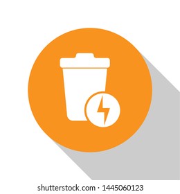 White Lightning with trash can icon isolated on white background. Waste to energy. Garbage bin sign. Recycle basket sign. Orange circle button. Vector Illustration