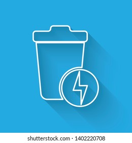 White Lightning with trash can line icon isolated with long shadow. Waste to energy. Garbage bin sign. Recycle basket sign. Vector Illustration