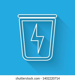 White Lightning with trash can line icon isolated with long shadow. Waste to energy. Garbage bin sign. Recycle basket sign. Vector Illustration