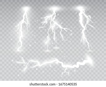 White lightnings set isolated on transparent background. Thunder storm collection design elements. Magic shining light effect. Electric explosion. Vector illustration.