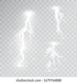 White lightnings set isolated on transparent background. Thunder storm collection design elements. Magic shining light effect. Electric explosion. Vector illustration