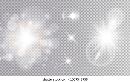 White lights cosmic design set. Soft sparkling bokeh cloud, different stars, big soft outburst with lens flare effect.