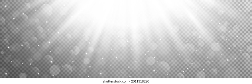 White lights. Light ray effect on transparent background. Realistic sunlight. Morning light with bright beams and bokeh. Vector illustration.