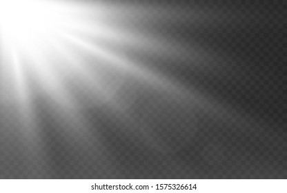 White lights on transparent backdrop. Sunlight effect with glowing rays. Sunshine template. Bright white beams and lens flare. Glow light effect. Vector illustration.