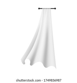 White lightweight fabric curtain fluttering realistic vector illustration mockup isolated on transparent background. Shower or window cloth on cornice template.