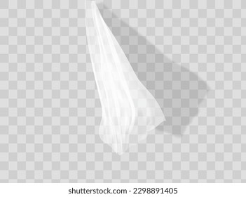 White lightweight fabric curtain fluttering realistic vector illustration mock up. Shower or window fabric on a curtain rod template.