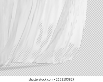 Cortina de tecido leve branco fluttering ilustração vetor realista mock up. Chuveiro ou tecido de janela em um modelo de haste de cortina.