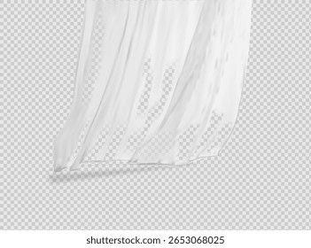 Cortina de tecido leve branco fluttering ilustração vetor realista mock up. Chuveiro ou tecido de janela em um modelo de haste de cortina.