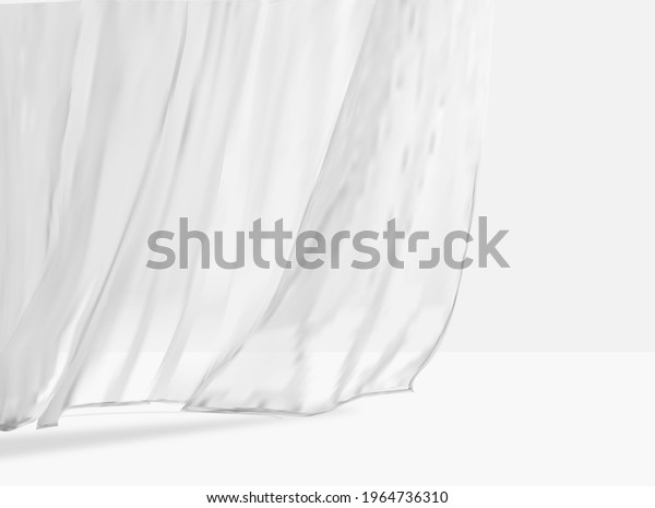 White lightweight fabric curtain fluttering\
realistic vector illustration mock up. Shower or window fabric on a\
curtain rod template.