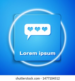 White Like and heart icon isolated on blue background. Counter Notification Icon. Follower Insta. Blue square button. Vector Illustration