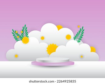 Podio de lilac blanco con mimosa y nubes en el fondo. Cartel de la exposición del producto para el Día de la Madre o el Día de la Mujer. Escena de primavera con flores. Ilustración del vector