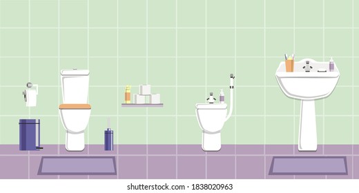 White and lilac tone bathroom vector image in the flat design style with space for text