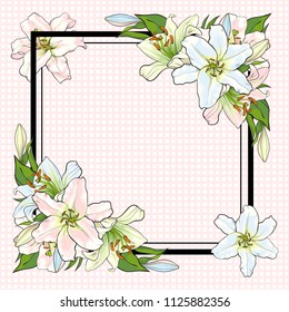 White lilies bouquet elements in sketch style at corners of square shape with copy space - vector illustration of pastel colored blooms with green leaves for greeting card or invitation.