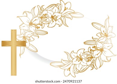 white lilies with a Christian cross with a golden gradient and an oval on a white background