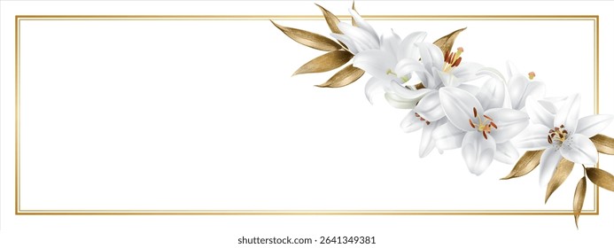 white lilies with golden leaves and a golden frame on a white background.Close-up, isolated.The design element
