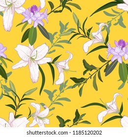 White lilies and lilac flowers on a bright yellow background. Seamless vector pattern.