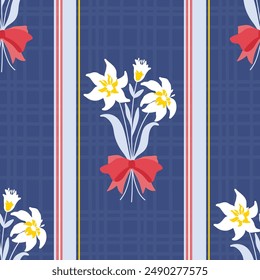 White lilies on dark blue. Striped floral preppy style seamless pattern. For wallpaper, fabric, or other decorative applications