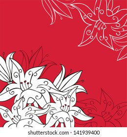 White lilies on red background