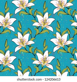 white lilies on turquoise. Vector illustration and concept of blooming freshness, garden, youth, spring. Texture for print, wallpaper, textile, holiday wrapping, website background or invitation card