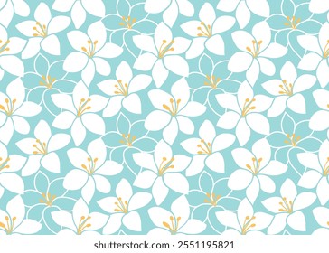 White lilies, seamless pattern for decorating all fashion designs, fabrics, wallpapers and prints on a light blue background.