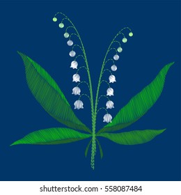 White lilies of the valley may-lily isolated green leaves of spring flowers beautiful crewel embroidery on a blue background vector illustration lily-of-the-valley