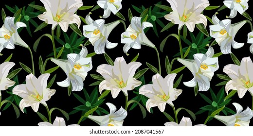 White lilies vector seamless floral pattern. Beautiful background