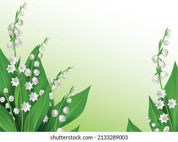 White Lilly of the valley flowers with green leaves (Convallaria majalis) close up. Spring nature hand drawn vector drawing for banners, postcards, other. 