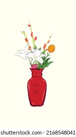 White Lily, Baby Breath Flowers, And Chrysanthemum In Elegant Red Vase For Taiwan Traditional Ancestor Festival In Flat Illustration Art Design 