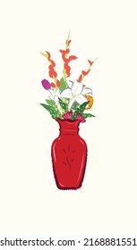 White Lily, Baby Breath Flowers, And Chrysanthemum In Elegant Red Vase For Taiwan Traditional Ancestor Festival In Flat Illustration Art Design 