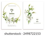 White lily. Bouquet. Flowers. Floral background. Wedding invitation. Golden ring decorated with white lilies.