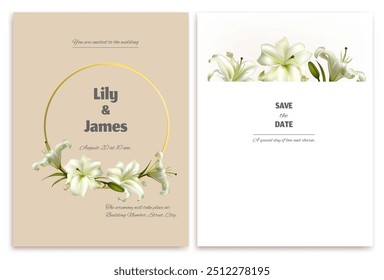 Lírio branco. Buquê. Flores. Fundo floral. Convite de casamento. Anel dourado decorado com lírios brancos