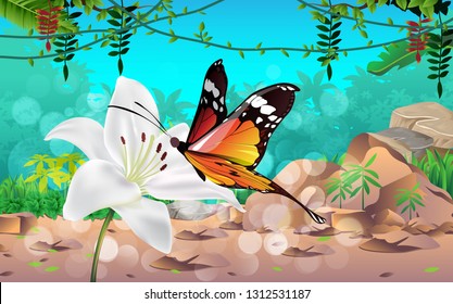 white lily and butterfly in the jungle