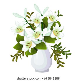 White lily in ceramic vase isolated on white background. Template card on nature theme. Manufacturer in bouquets as a gift for home and office. Vector cartoon close-up illustration.