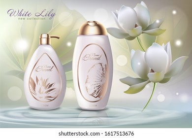 White lily cosmetics advertising banner vector template. Natural beauty products plastic containers realistic illustration on white background. Body care organic cosmetic product concept