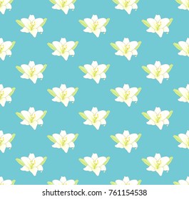 White Lily Flower on Pastel Blue Background. Vector Illustration.