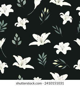White Lily Flower Seamless Pattern Frame Background