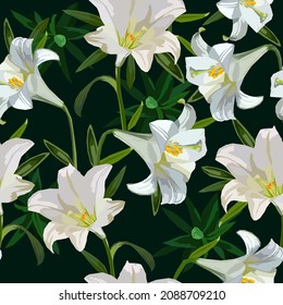 White Lily Flowers Vector Seamless Pattern