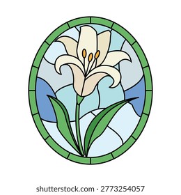 White lily with green stem and leaves rendered in an oval stained glass motif, set against light and dark blue panels conveying purity, serenity, and delicate floral beauty