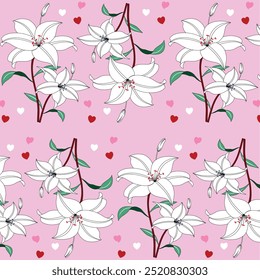 Padrão De Coração De Lírio Branco. Um padrão sem costura com lírios brancos com caules verdes e folhas em um fundo rosa. Corações espalhados em vermelho e branco complementam o design floral.