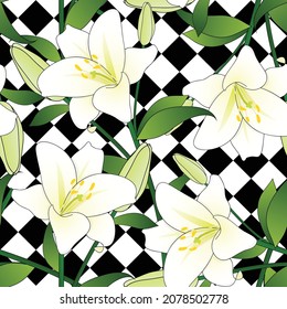 Lily Blanche sur Fond Noir Blanc Diamant. Illustration vectorielle
