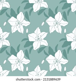 White Lily pattern on a blue background. Hand-drawn flowers for wedding, wrapping paper and textiles.