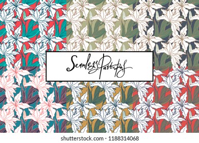 White lily seamless patterns set in different color palettes. Six isolated groups with beautiful floral pattern. Perfectly for cosmetic design, bed linen, cover, textile, fabric, wall, wallpaper.