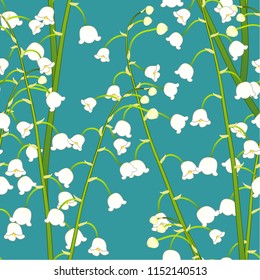 White Lily of the Valley on Green Teal Background. Vector Illustration.