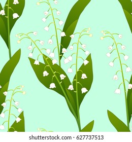 White Lily of the Valley on Green Mint Background. Vector Illustration.