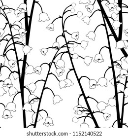 White Lily of the Valley Outline Seamless Background. Vector Illustration.