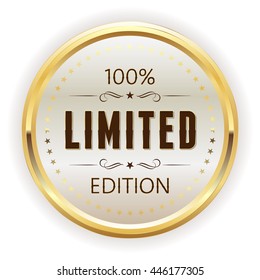 White limited edition button, badge with gold border on white background