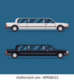 White limo and black limousine. Flat vector illustration. Isolate. Luxury vehicle. Side view