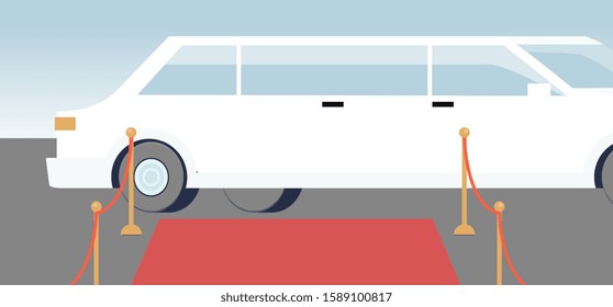 White limousine arriving at red carpet award show celebrity event. Flat cartoon background of luxury car standing at beginning of runway walk - vector illustration