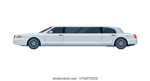 White Limousine Car, Elegant Premium Luxurious Limo Vehicle, Side View Flat Vector Illustration