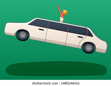 White limousine levitates in the air  A bride leaned out the hole in the roof the car   raised her hands above her head  There is shadow below them the ground  Green background  vector 